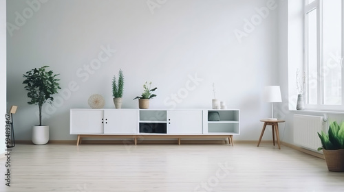 Idea of a white empty scandinavain room interior with vases on the wooden floor and large wall and white landscape in windows. Background interior. Home nordic interior. Generative Ai