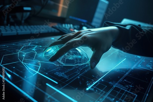 A Person Using A Mouse On A Computer Keyboard With A Futuristic Background Workshop Graphic Design Manufacturing Planning And Control Generative AI