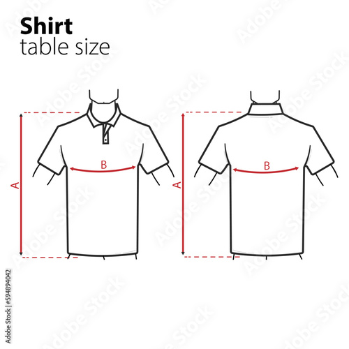 Isolated Outline vector illustration unisex short sleeve collared shirts - sizing chart, for cloth template size label