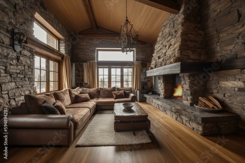 Comfortable home interior with a large soft sofa and a stone fireplace. Cozy country residence. Generative AI