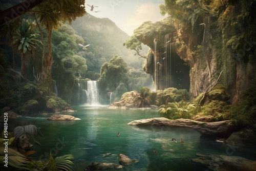 Illustration of beautiful fantasy river in lush jungle with waterfalls. Generative AI