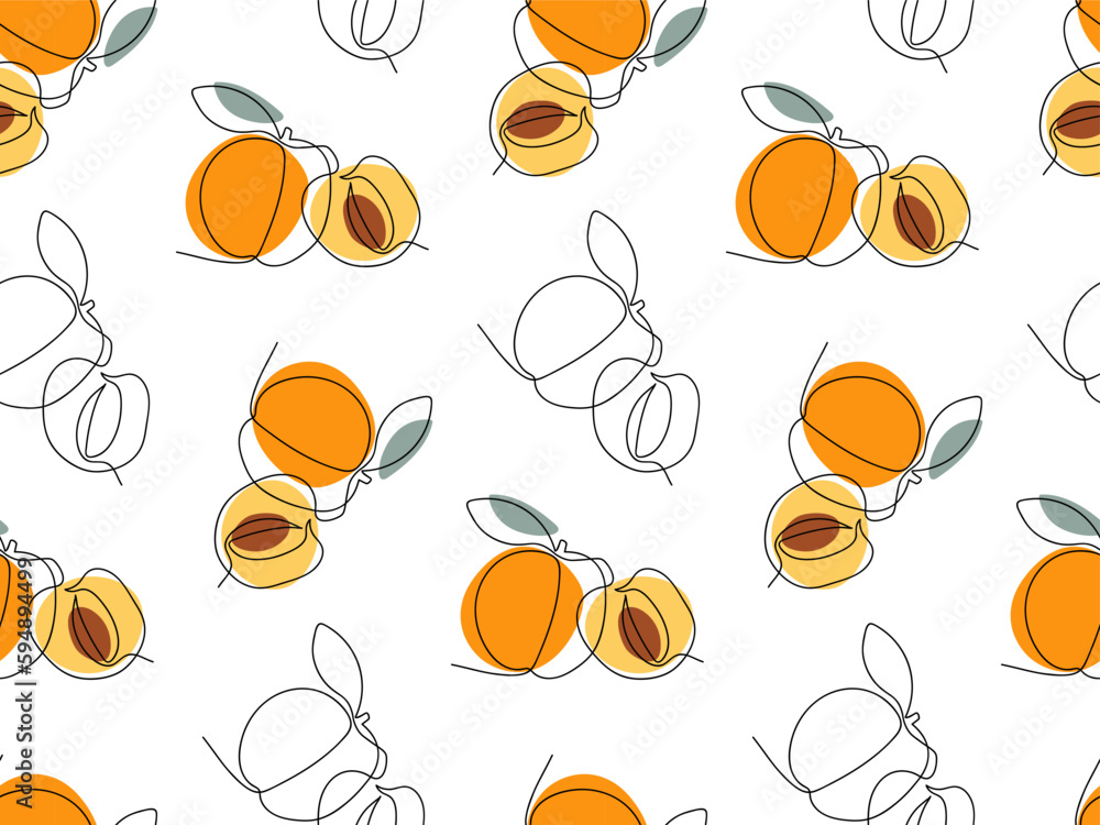 Seamless pattern with Continuous one line drawing apricot. Abstract hand drawn fruit by one line. Fruit Repeated background for menu, wallpaper, wrapping, packing, textile, scrapbooking