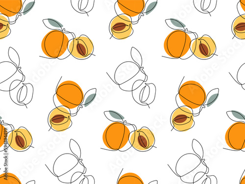 Seamless pattern with Continuous one line drawing apricot. Abstract hand drawn fruit by one line. Fruit Repeated background for menu, wallpaper, wrapping, packing, textile, scrapbooking