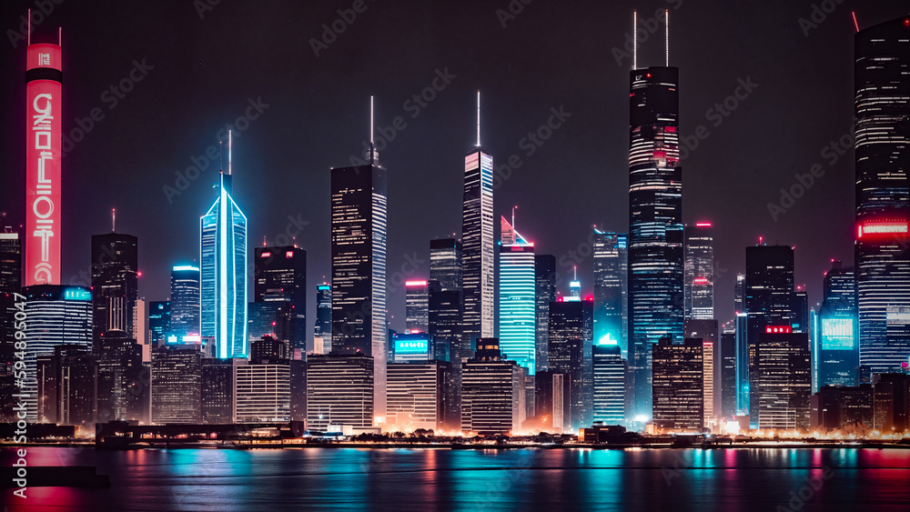 Generative AI illustration, The background of a cyberpunk city at night