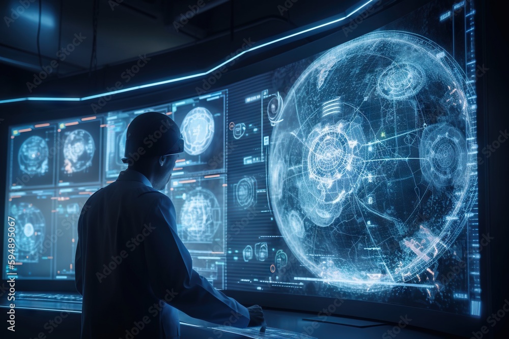 A Man Looking At A Large Display Of Brain Images In A Dark Room Conference Room Video Art Manufacturing Planning And Control Generative AI A Man Looking At A Large Display Of Brain Images In A Dark Room Conference Room Video Art Manufacturing Planning And Control Generative AI