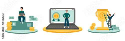 Set of different cartoon characters of young men getting promotion and high salary at work