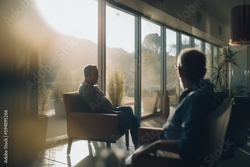 A Man Sitting In A Chair Looking Out A Window At Another Man Mountain Lodge Documentary Photography Retirement Planning Generative AI