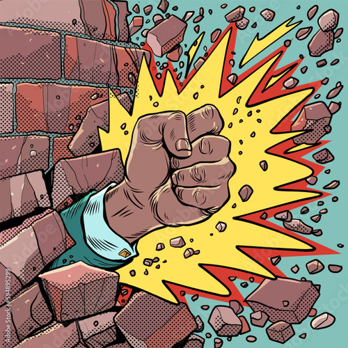 Break through barriers. Strength of mind. African American man fist with an explosion breaks the wall. Pop Art Retro