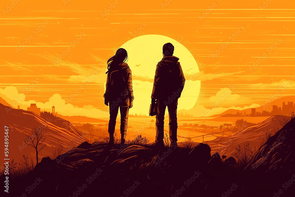 A couple standing on a hilltop in sunset. generative AI