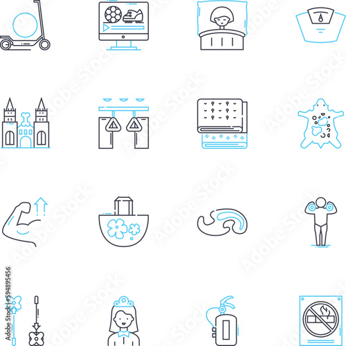 Power Hours linear icons set. Energy, Productivity, Motivation, Focus, Efficiency, Progress, Discipline line vector and concept signs. Achievement,Peak,Flow outline illustrations