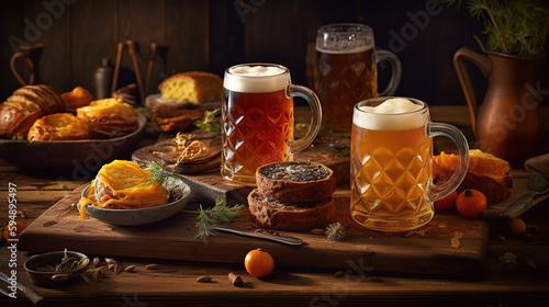 Mugs of fresh beer and traditional food on wooden background  closeup. Oktoberfest celebration. Generative Ai