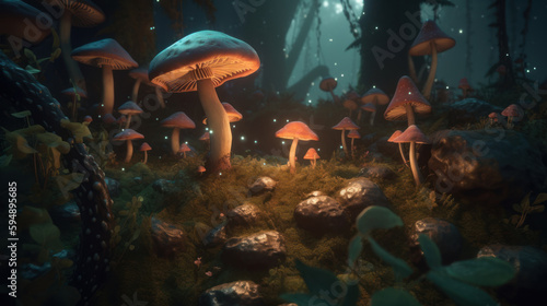 A magical forest with glowing mushrooms towering, Generative AI © btiger
