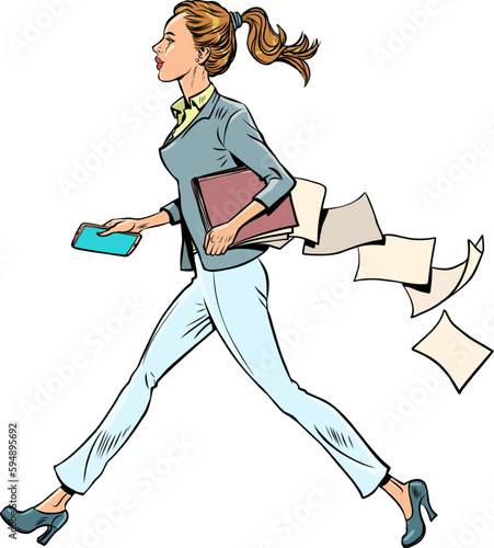 Morning work routine of an office worker. A girl in a suit is in a hurry to go to work or a meeting, and she has papers from documents lying around. Pop Art Retro