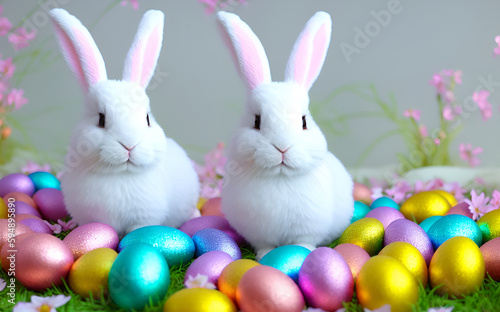 cute bunny with colorful eggs, creative easter, create with generative Ai