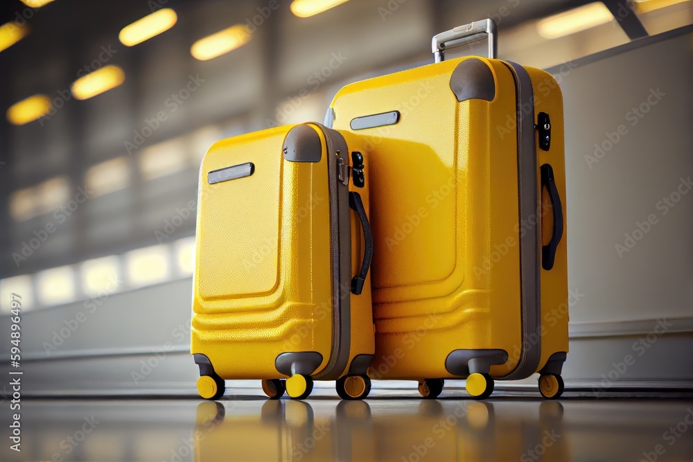 yellow suitcases for traveling packed at airport, created with generative ai