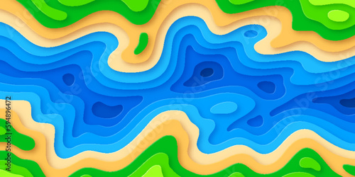 River paper cut topography relief imitation multi layers banner, aerial view. Abstract natural landscape with flowing river and narrow valley, origami paper cut layer smooth shape vector illustration