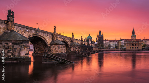A pink and orange dawn at the Charles Bridge in Prague.  © Ondrej Bucek