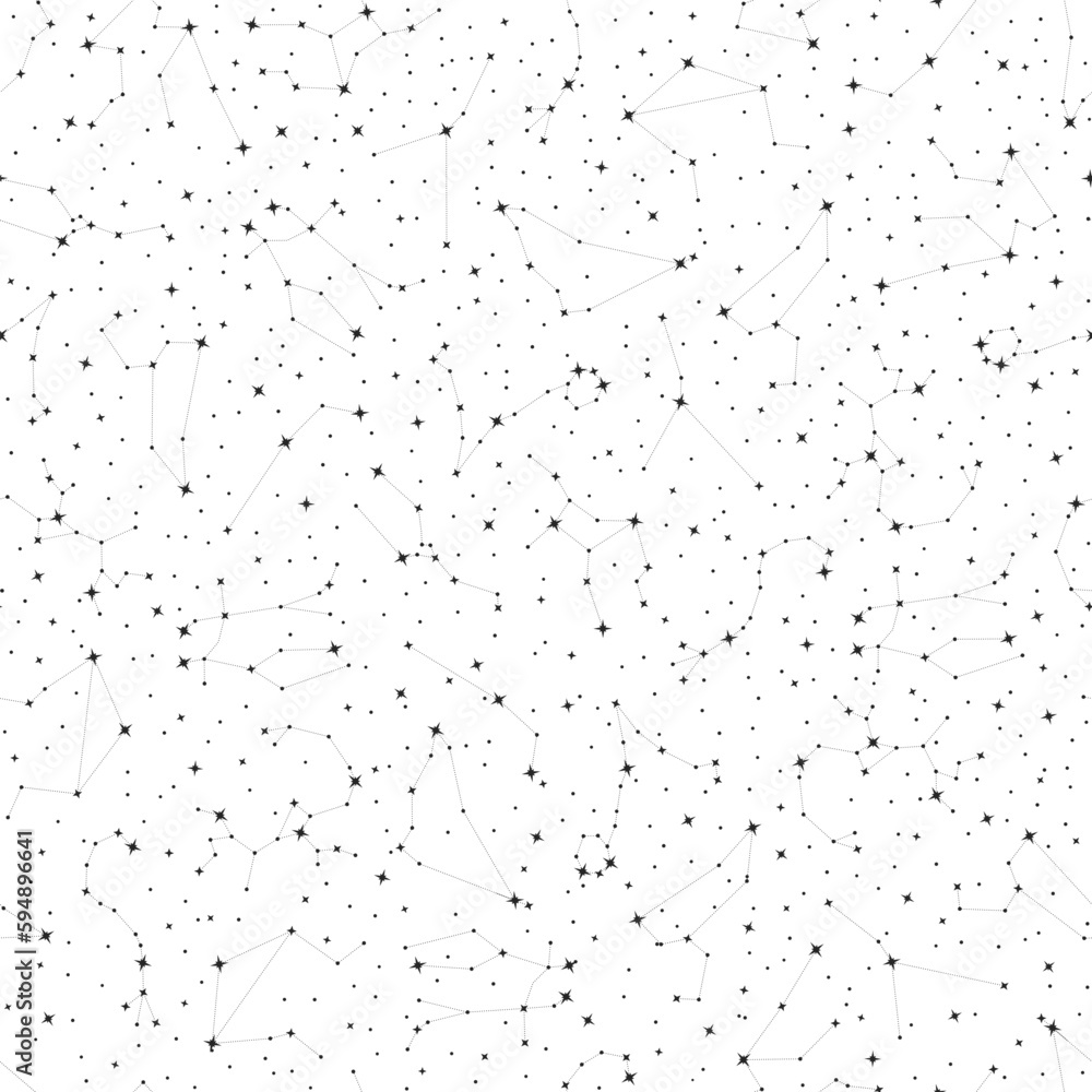 Zodiac constellations seamless pattern, astrological symbols repeating print. Astrology, horoscope signs, constellations of stars on white background vector illustration
