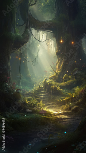 A magical forest with hidden secrets mist swirling, Generative AI