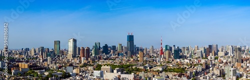 Panoramic view of Tokyo central are with Tokyo tower and office buildings at daytime. 