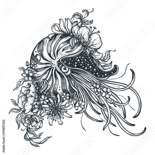 Vector hand drawn black and white illustration of nautilus and flowers