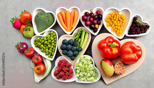 fruits and vegetables,a variety of fruits and vegetables arranged in heart shaped bowls, Ai generated 