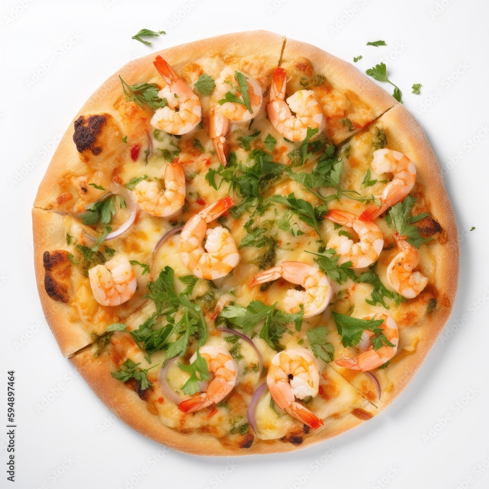 Shrimp Scampi pizza Top View Isolated on White. Generative AI