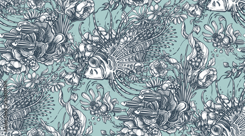Beautiful vector seamless pattern with hand drawn graphic beautiful ornate sea animals and flowers
