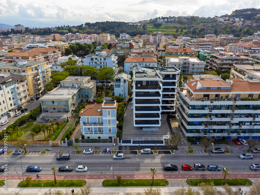 Aerial view landscape Italy Pescara. View of the city, buildings and architecture. Street, promenade, urban space.