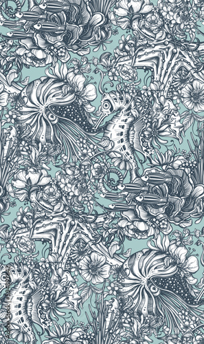 Beautiful vector seamless pattern with hand drawn graphic beautiful ornate sea animals and flowers