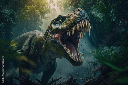 tyrannosaurus rex roaring and fighting other dinosaurs in prehistoric jungle, created with generative ai © Natalia