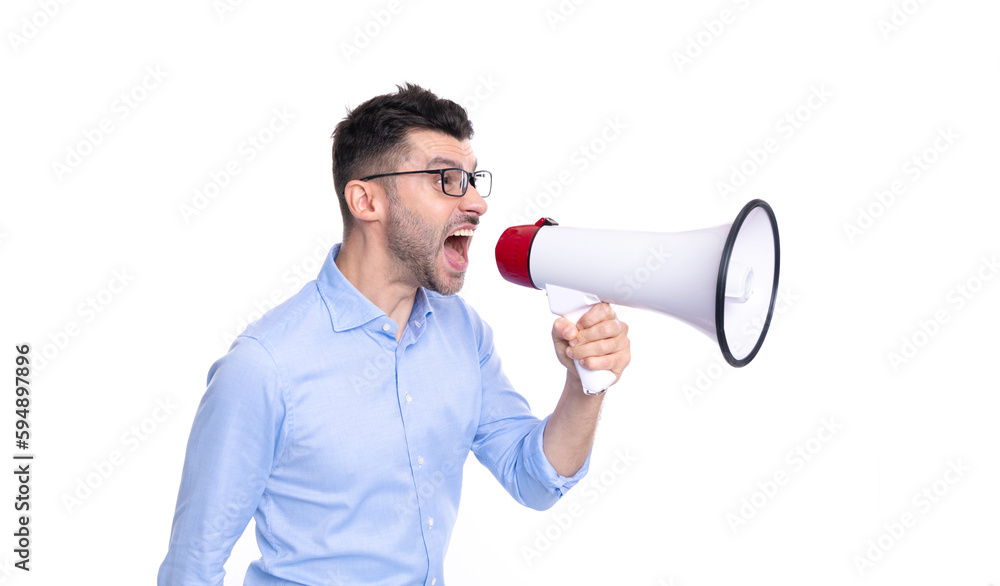 angry man announcing with megaphone isolated on white background. man announcing angry man announcing with megaphone isolated on white background. man announcing