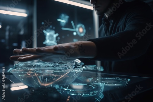 A Person Is Touching A Futuristic Object On A Table In A Dark Room Conference Room Animation User Interface Design Generative AI