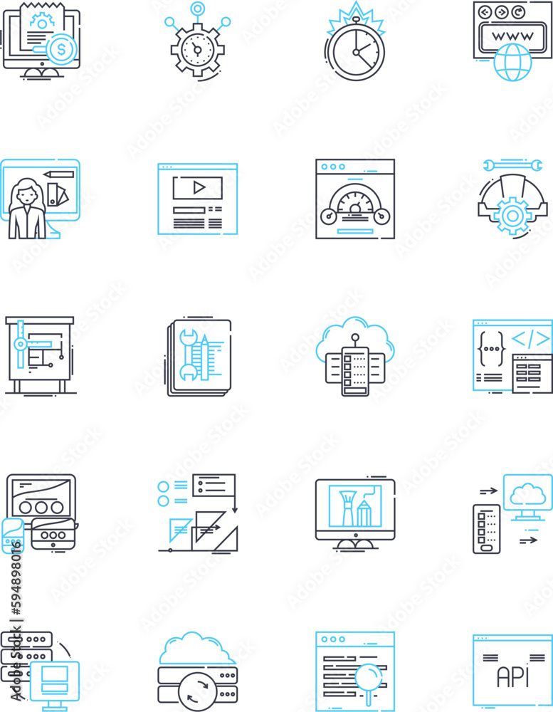 Domain Name linear icons set. Identity, Branding, Web presence, Online identity, Association, Recognition, Purpose line vector and concept signs. Availability,Accessibility,Uniqueness outline