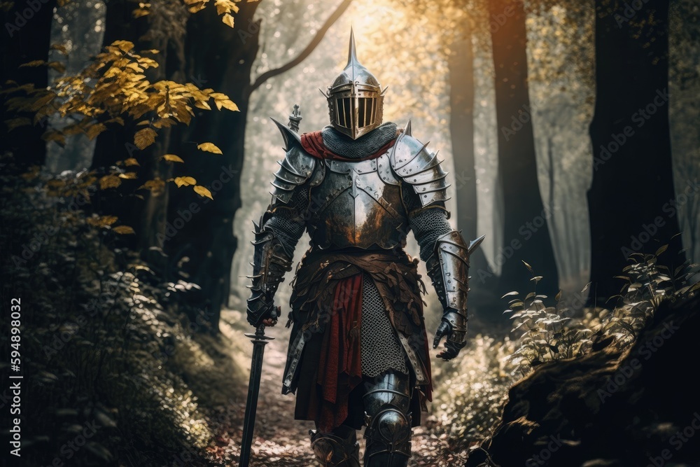 medieval warrior with sword in armor walking through forest, created with generative ai