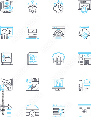 Domain Name linear icons set. Identity, Branding, Web presence, Online identity, Association, Recognition, Purpose line vector and concept signs. Availability,Accessibility,Uniqueness outline