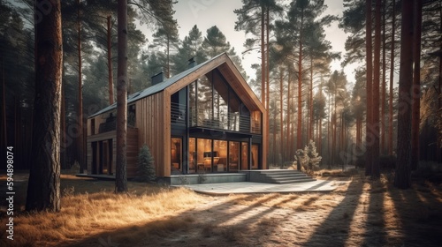 Foto Modern small wooden house in the Scandinavian style barnhouse, with a metal roof in forest