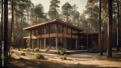 Modern small wooden house in the Scandinavian style barnhouse  with a metal roof in forest. AI generated