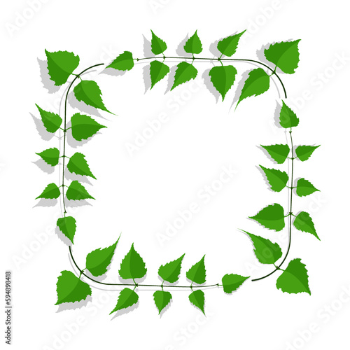 Decorative frame made of thin birch twigs and green leaves. Floral ornament for design and decoration of invitations and posters. Square frame. Vector