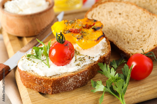 Toast with tasty grilled vegetables  concept of delicious appetizer