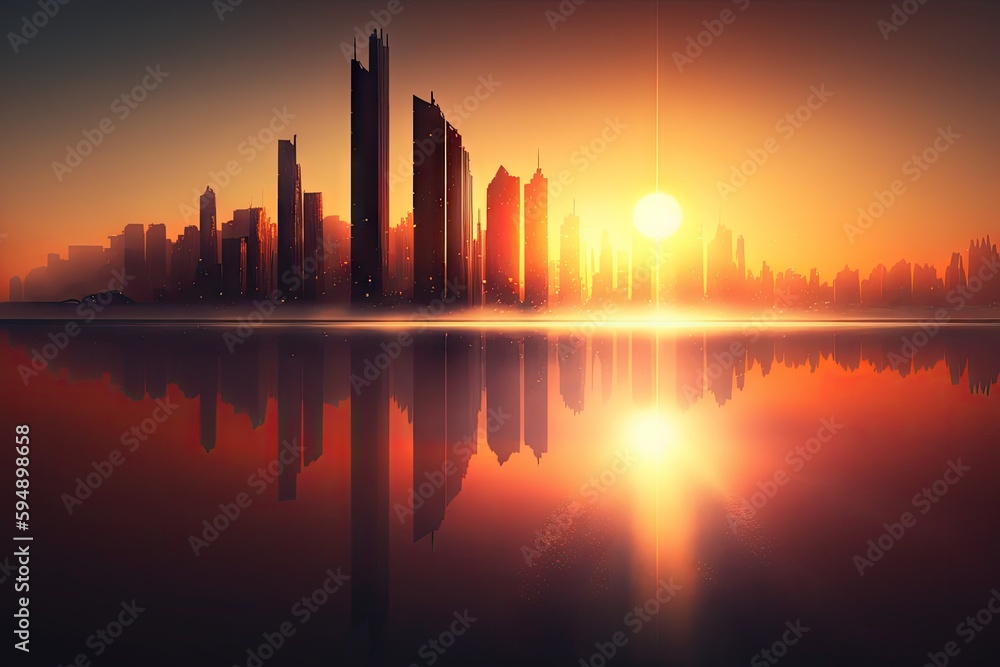 sunrise, with the sunrise illuminating the city skyline and sea in the background, created with generative ai
