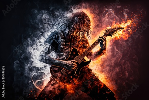 heavy metal guitarist, surrounded by smoke and flames, performing epic solo, created with generative ai