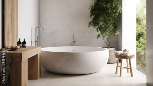 A minimalist bathroom with a freestanding bathtub , Generative AI
