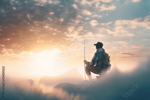 A Man Standing On Top Of A Mountain Holding A Fishing Pole Mountain Range At Sunrise Landscape Photography Adventure Travel Generative AI