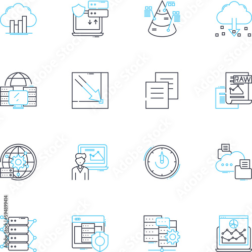 Accounting supervision linear icons set. Compliance, Auditing, Reconciling, Budgeting, Analysis, Reporting, Documentation line vector and concept signs. Taxation,Forecasting,Interpretation outline