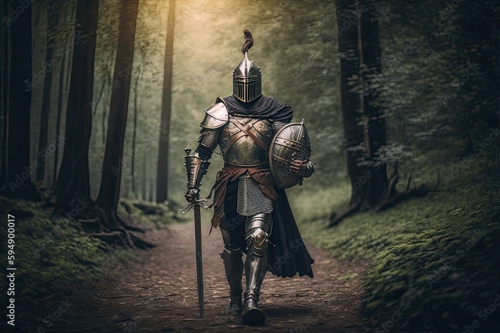 Fototapeta premium medieval warrior in armor with sword walking through forest, created with generative ai