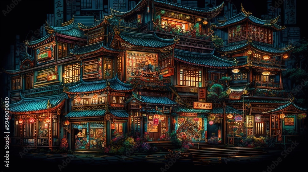 Chinese Traditional Houses with Classic Architecture. Generative AI