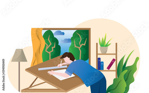 man architect drawing house project floor plan at draftsman studio with adjustable drawing board desk