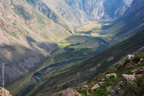 Panorama of the Katu Yaryk mountain pass and the valley of the river of Chulyshman. Altai Republic  Russia  beautiful summer day