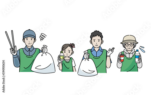 ボランティア活動　ゴミ拾いをする人達が困るイラスト